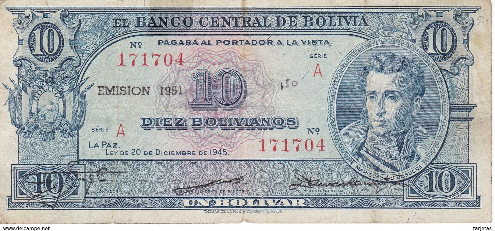 BILLETE DE BOLIVIA DE 10 BOLIVIANOS DEL AÑO 1951 (BANKNOTE) - Bolivia