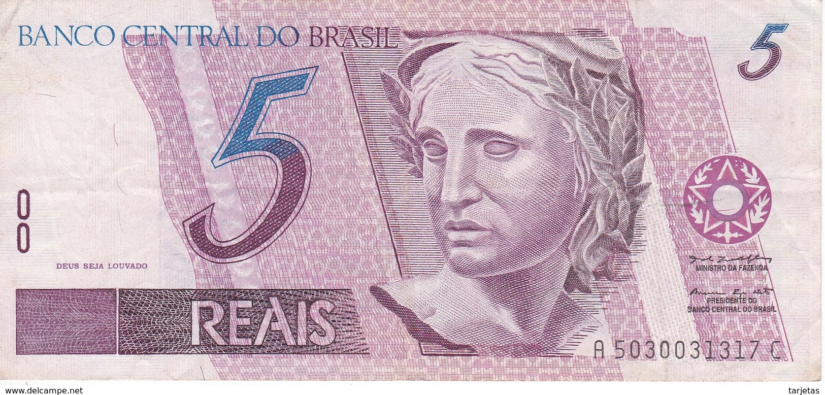 BILLETE DE BRASIL DE 5 REAIS DEL AÑO 1997 DE  UNA GARZA BLANCA -BIRD-PAJARO     (BANKNOTE) - Brasil