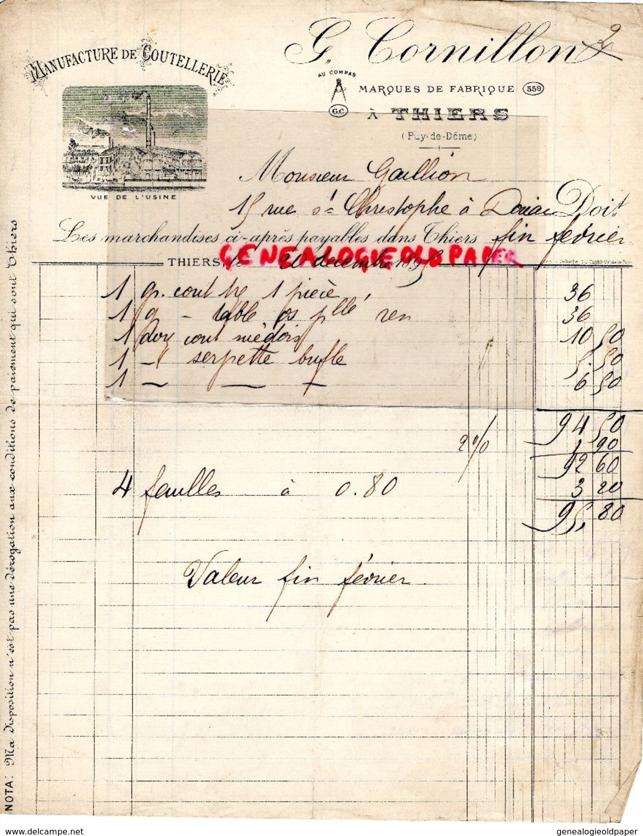 63- THIERS- RARE FACTURE G. CORNILLON- AU COMPAS MANUFACTURE DE COUTELLERIE-VUE DE L' USINE COUTEAUX-1895 - Old Professions