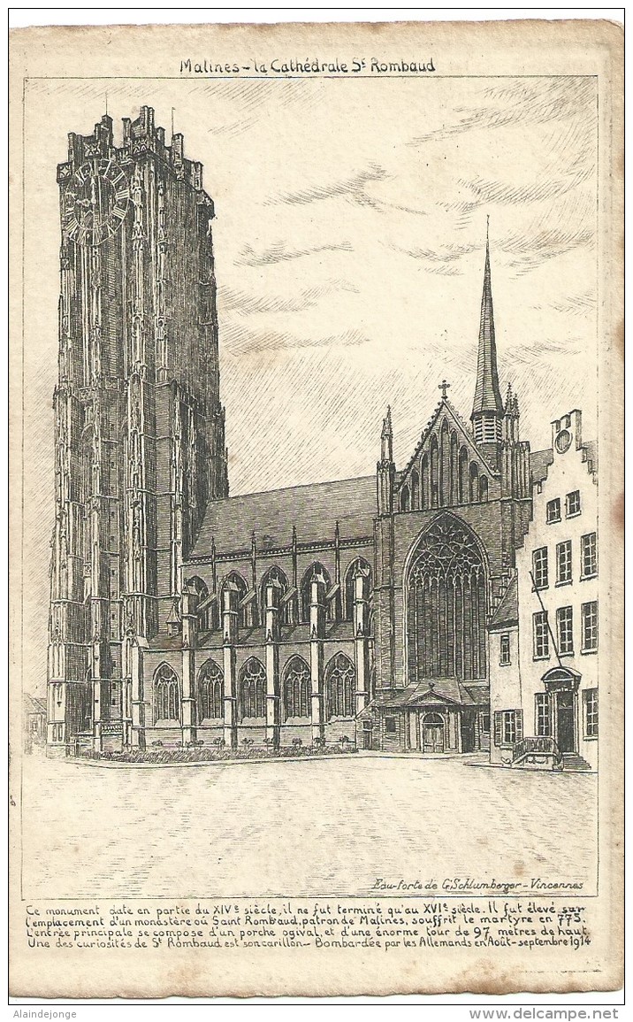 Mechelen Malines - La Cathédrale St Rombaud - Eau Forte De G. Schlumberger - Vincennes - 1915 - Malines