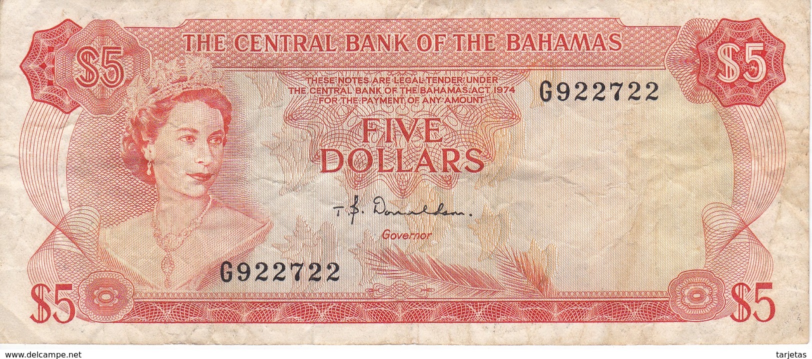 BILLETE DE BAHAMAS DE 5 DOLLARS DEL AÑO 1974  (BANKNOTE) - Bahamas