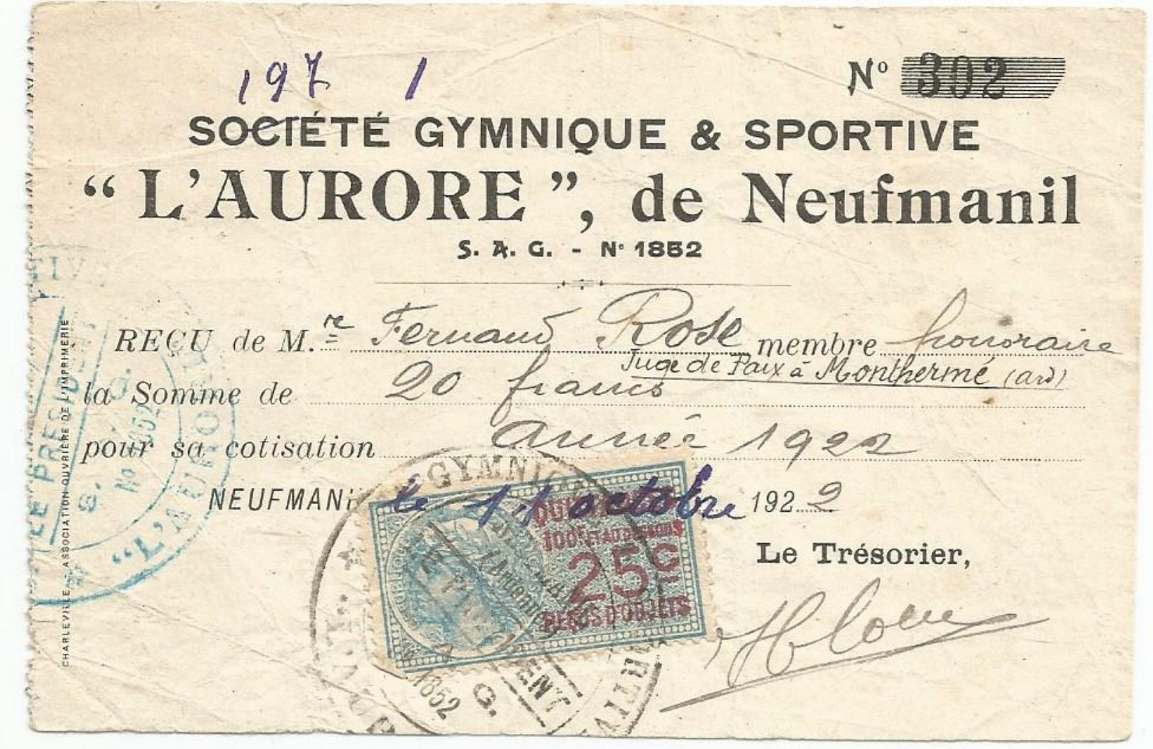 Factures Societé Gymnique & Sportive L Aurore De Neufmanil  Ardennes 1922 - 1900 – 1949