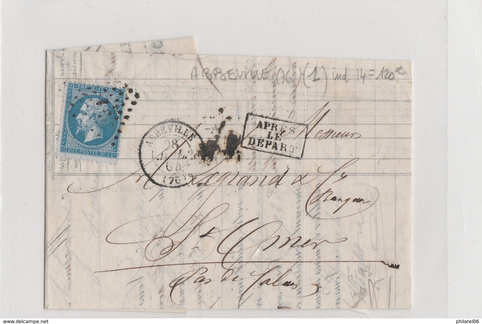 LETTRE GC 1  ABBEVILLE  INDICE 14 (COTE 120 EUROS) - 1849-1876: Période Classique