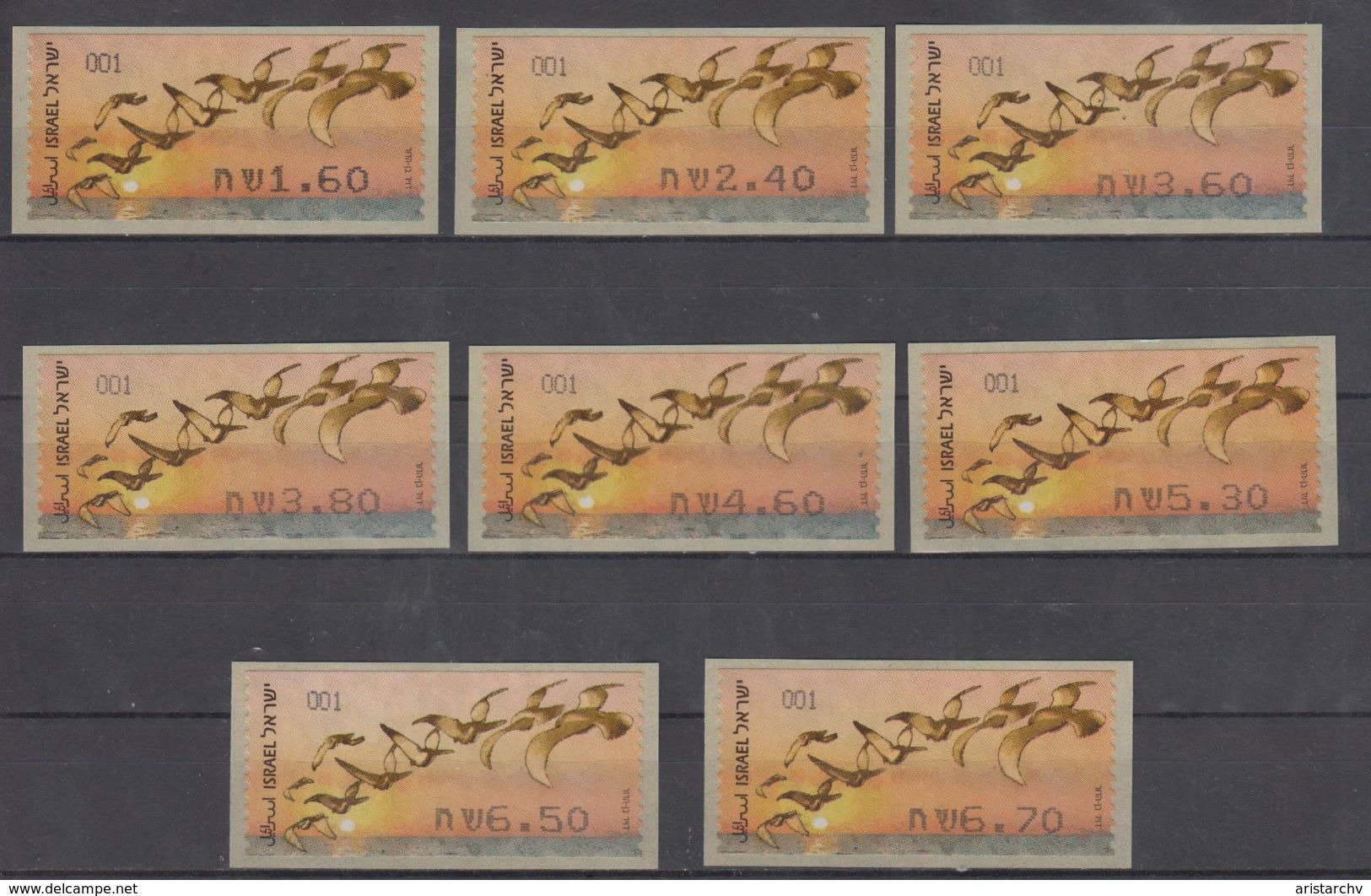 ISRAEL 2010 KLUSSENDORF ATM BIRD OF PASSAGE FULL SET OF 8 STAMPS - Franking Labels