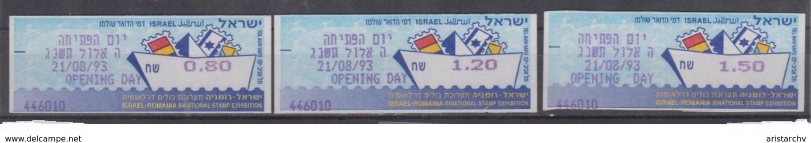 ISRAEL 1993 MASSAD ATM ROMANIA BINATIONAL STAMP EXHIBITION OPENING DAY 0.8 1.2 1.5 SHEKELS - Franking Labels