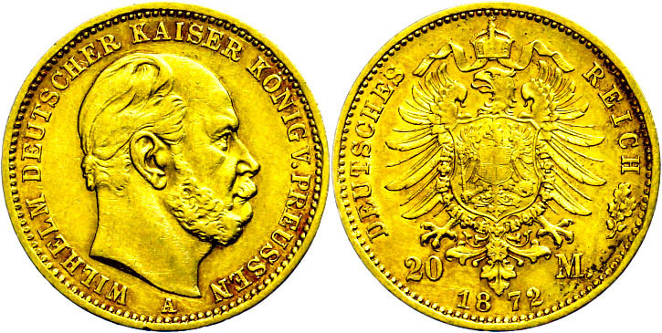 290 20 Mark, 1872, A, Wilhelm I., Kl. Rf., Ss., Katalog: J. 243 Ss - Other & Unclassified