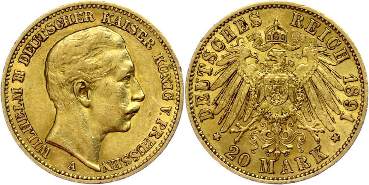 308 20 Mark, 1891, Wilhelm II., Kleiner Randfehler, Ss-vz, Katalog: J. 252 Ss-vz - Other & Unclassified