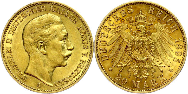 310 20 Mark, 1895, Wilhelm II., Minimale Randfehler, Ss-vz., Katalog: J. 252 Ss-vz - Other & Unclassified