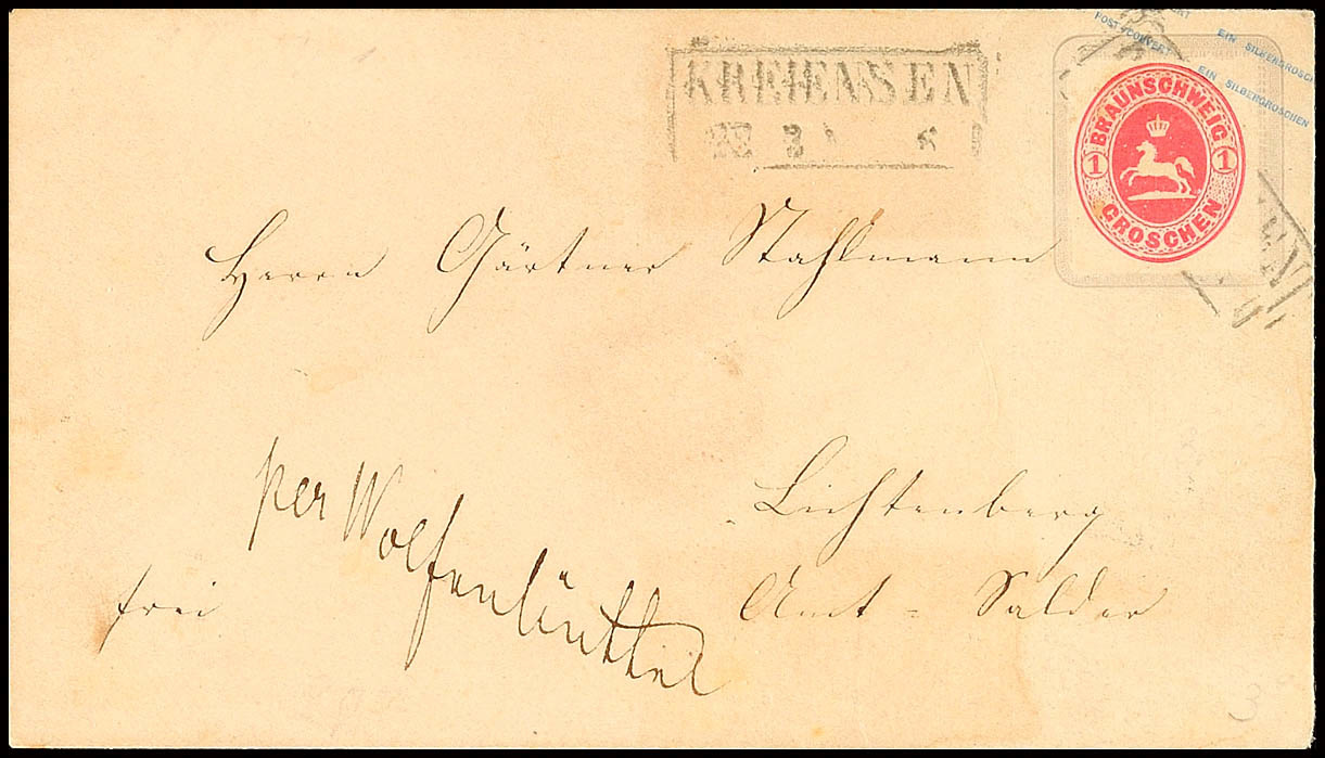 1184 "KREIENSEN" - Ra2, Auf NDP GS-Umschlag 1 Gr. Rosa (Wertstempel Aufgedeckt, Marke Fehlt) A. Braunschweig 1 Sgr. Rosa - Brunswick