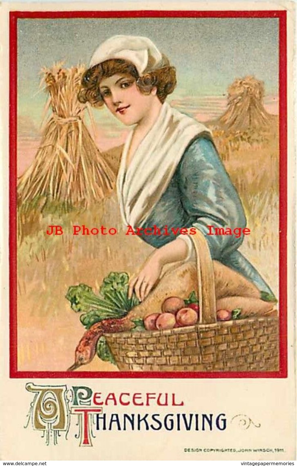 250337-Thanksgiving, Winsch 1911 WIN01-2, Samuel Schmucker, Pilgrim Woman Carrying Basket With Turkey And Vegetables - Giorno Del Ringraziamento