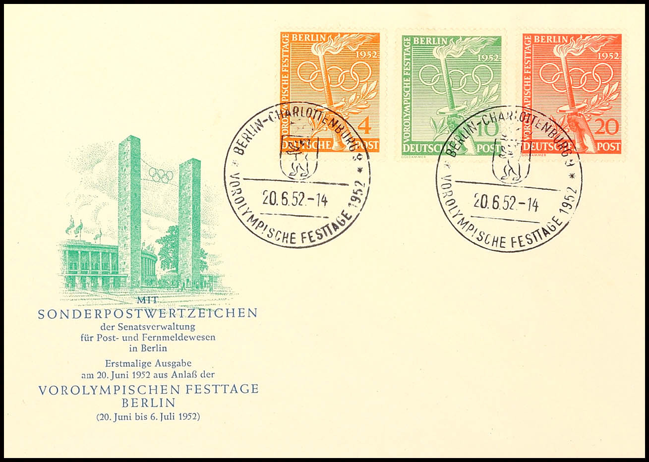 9180 4 Pfg Bis 20 Pfg Vorolympische Festtage Auf Amtl. Blanko-FDC Mit Ersttagssonderstempel "BERLIN 20.6.52", Tadellos,  - Other & Unclassified