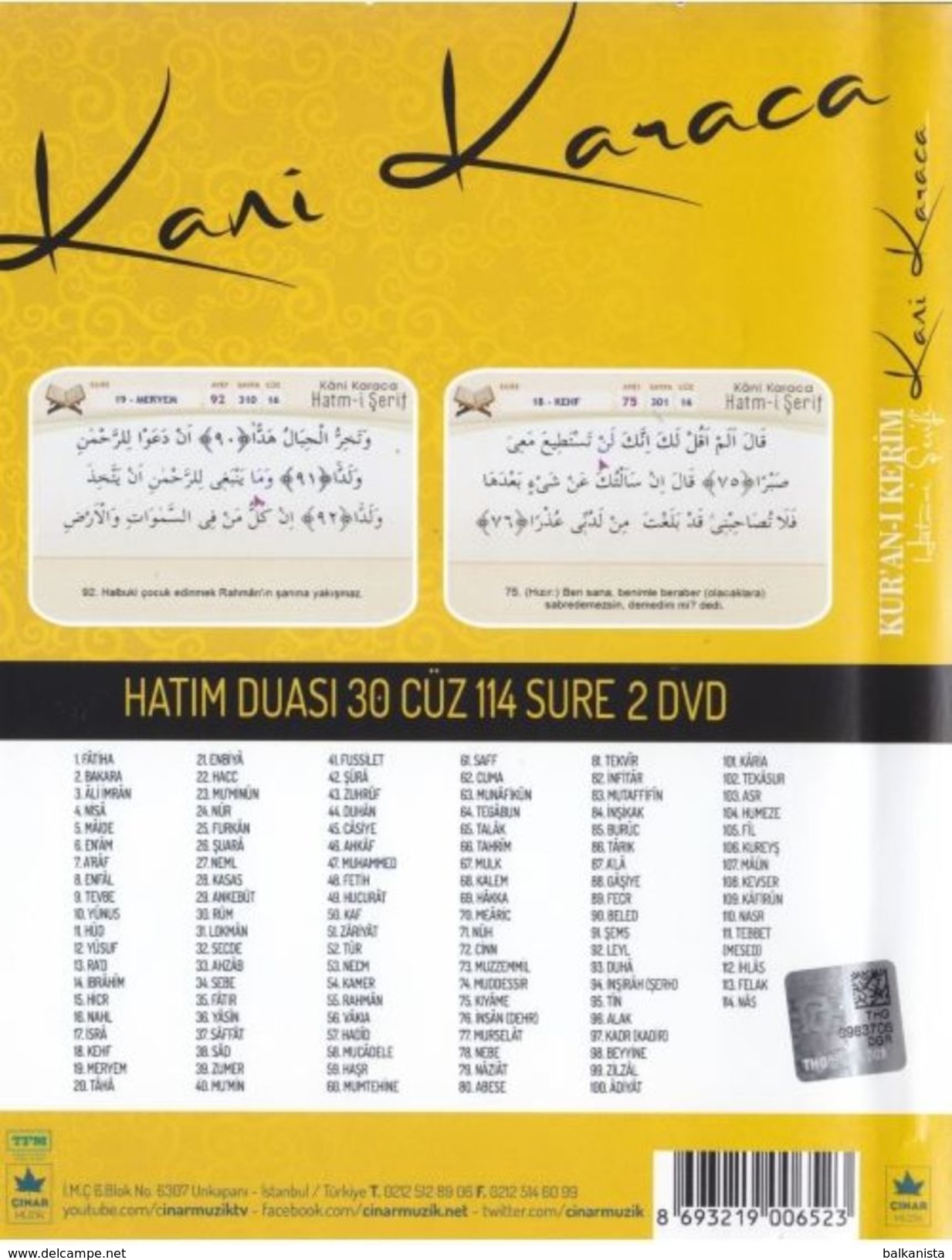 Islam Qur'an Quran Reading - Hatim-i Serif Kani Karaca 30 Juz 114 Surah 2 DVD - Documentaires