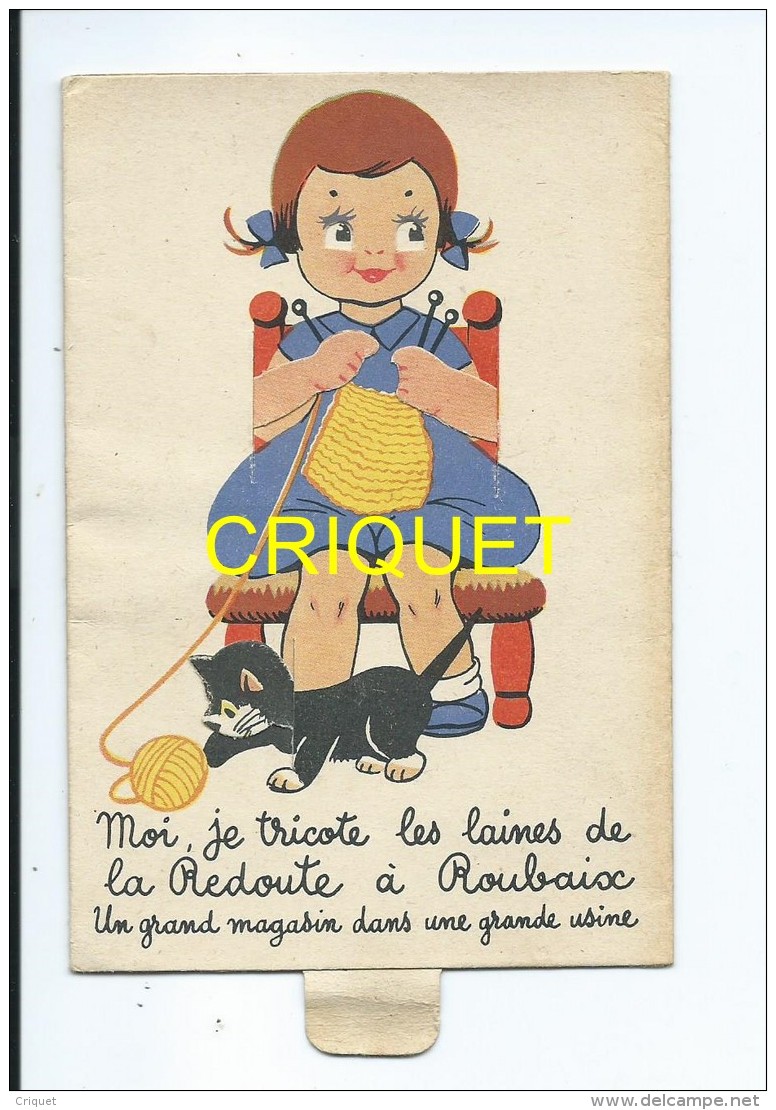 Publicité Pour Les Laines De La Redoute, Carte à Système, Fillette Qui Tricote Et Chat Qui Joue Avec La Pelote - Pubblicitari