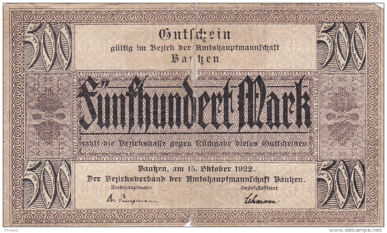 Billet De 500 Mark - Stadt BAUTZEN - 1920 - 500 Mark