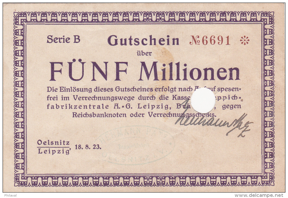 Billet De Fünf Millionen Mark  - Stadt LEIPZIG - 1923 - Billet Annulé - 5 Millionen Mark