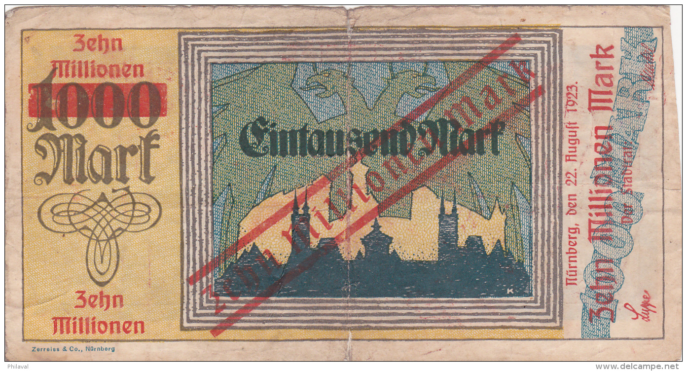 Billet De Zehn Millionnen Mark En Surcharge Sur 1000 Mark - NÜRNBERG 1923 - 10 Miljoen Mark