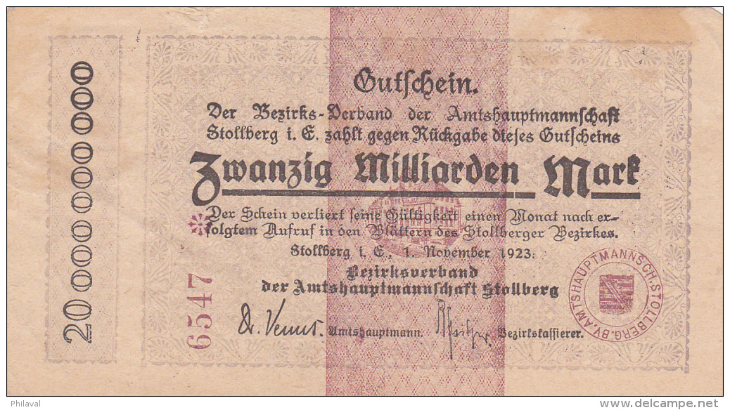 Billet De Zwanzig Milliarden Mark - Stadt STOLBERG - 1923 - 20 Mrd. Mark