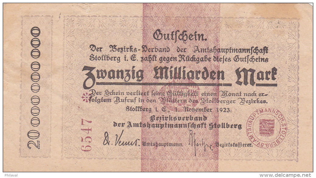 Billet De Zwanzig Milliarden Mark - Stadt STOLBERG - 1923 - 20 Milliarden Mark