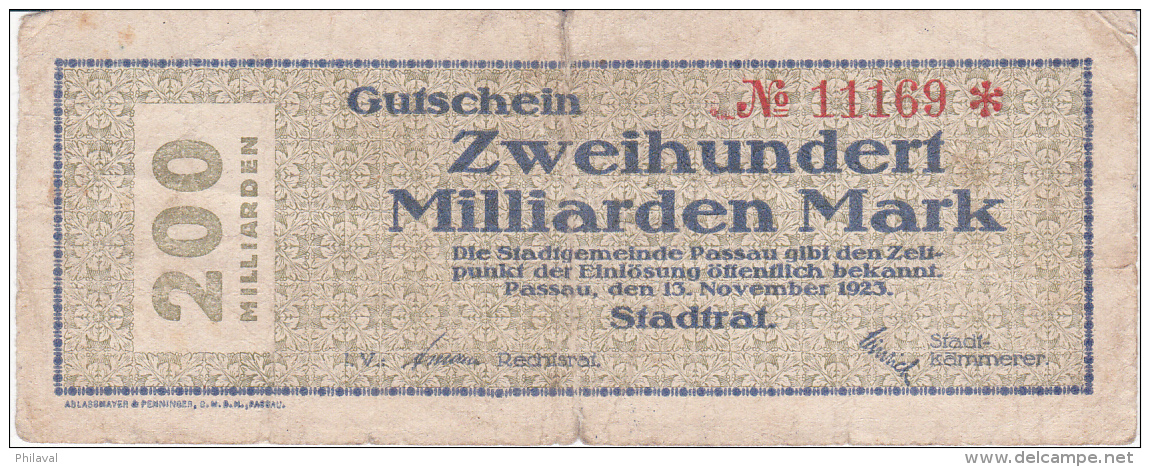 Billet De 200 Milliarden Mark - Stadt PASSAU - 1923 - 200 Milliarden Mark