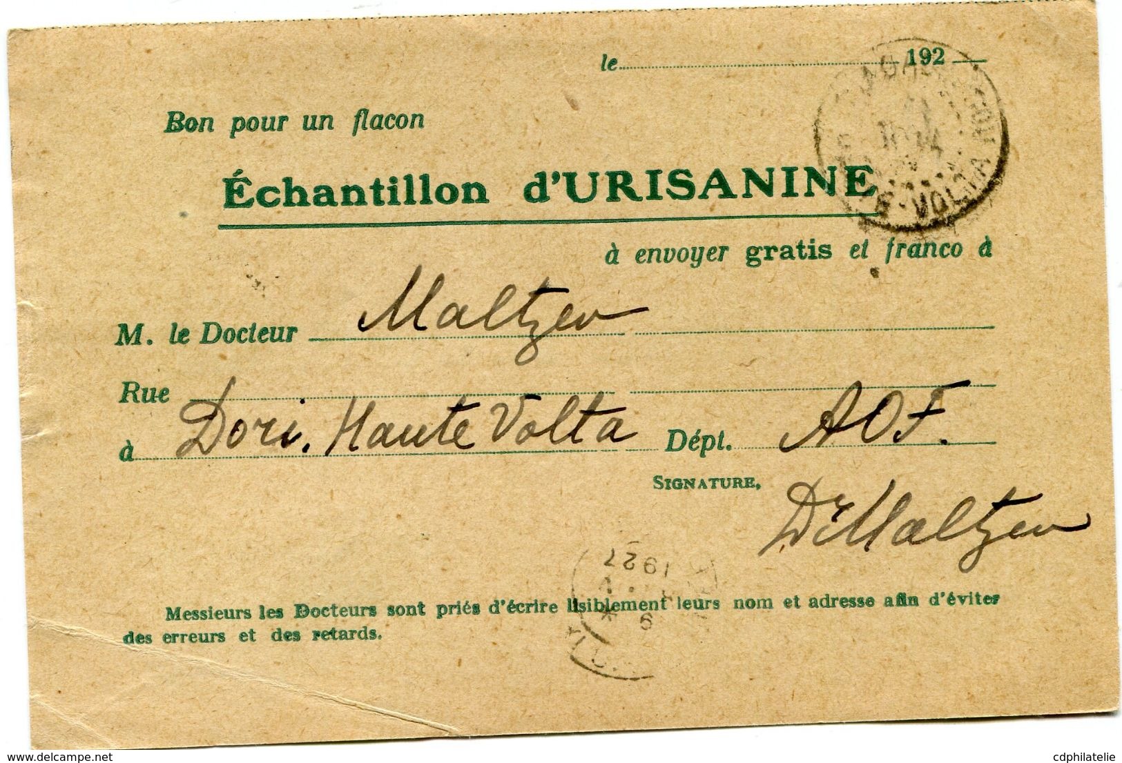 HAUTE-VOLTA CARTE POSTALE BON POUR UN FLACON ECHANTILLON D'URISANINE DEPART DORI 11 AVRIL 27 POUR LA FRANCE - Cartas & Documentos