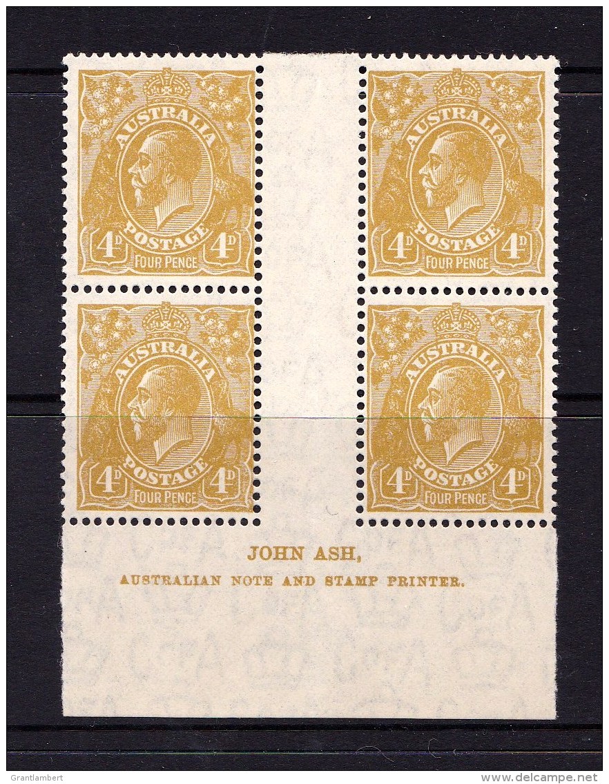 Australia 1933 King George V 4d Olive C Of A Wmk Ash Imprint Block Of 4 MH/MNH - Nuevos