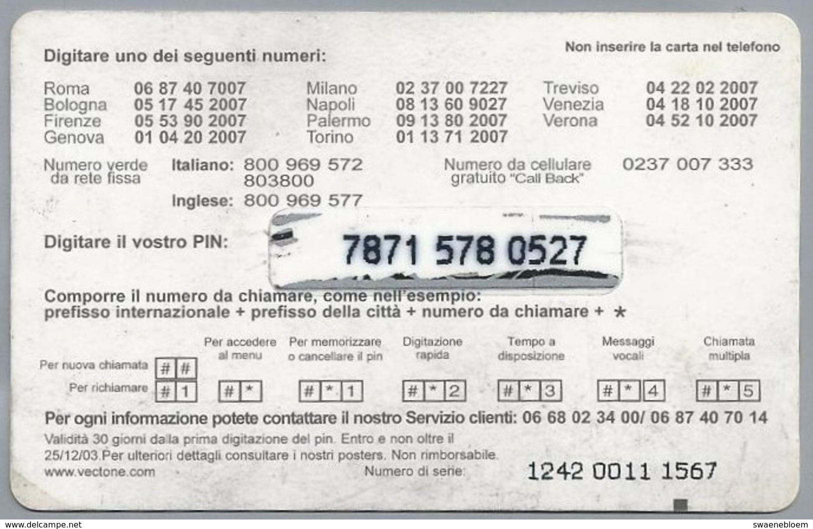 IT.- INTERNATIONAL PHONECARD. EASTERN Europa Call. VECTONE. € 5. GNANAM TELECOM CENTERS. Serie 1242. 2 Scans - GSM-Kaarten, Aanvulling & Voorafbetaald