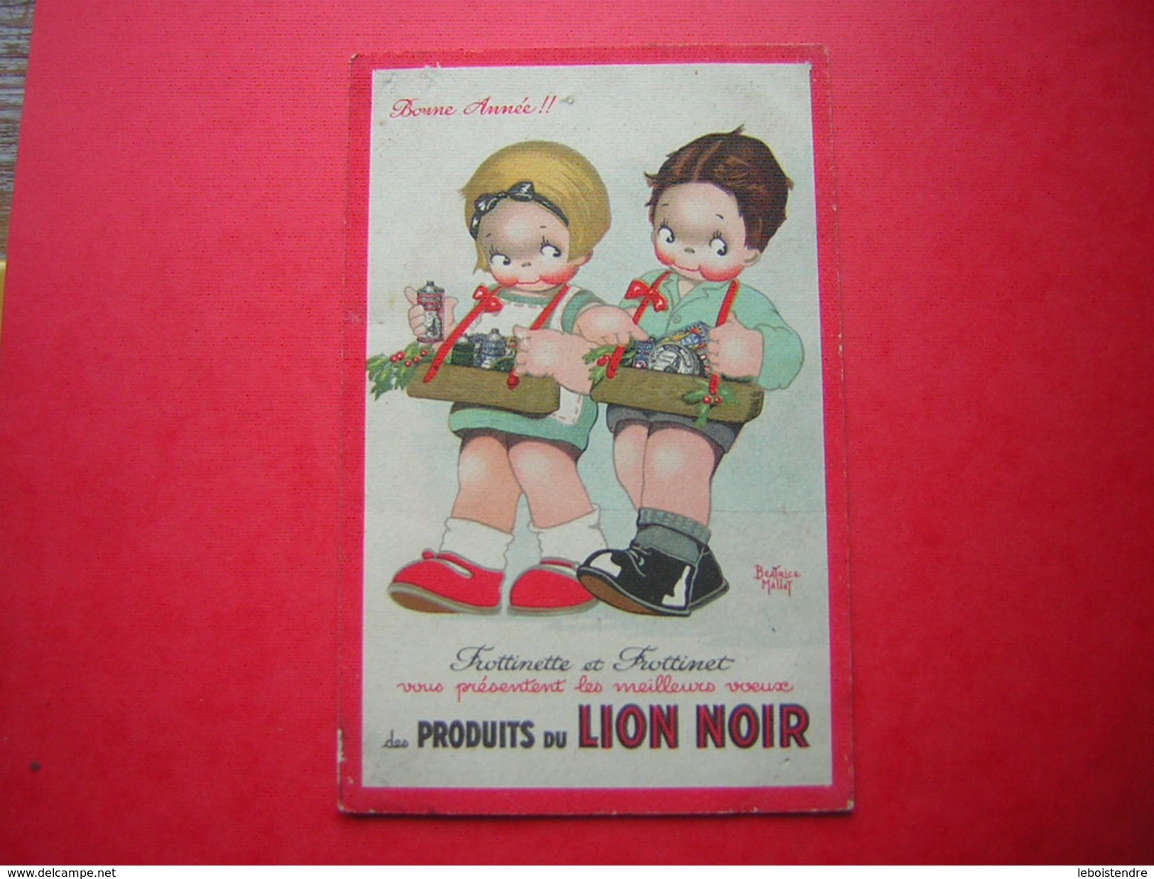 CPA ILLUSTRATION SIGNEE BEATRICE MALLET BONNE ANNEE PUB PUBLICITE FROTTINETTE Et FROTINNET  LION NOIR - Mallet, B.