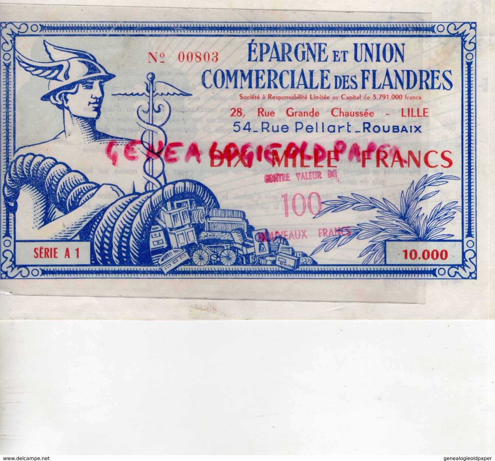 59- LILLE-ROUBAIX- BILLET DIX MILLE FRANCS EPARGNE ET UNION COMMERCIALE DES FLANDRES-1959 1961 - Autres & Non Classés