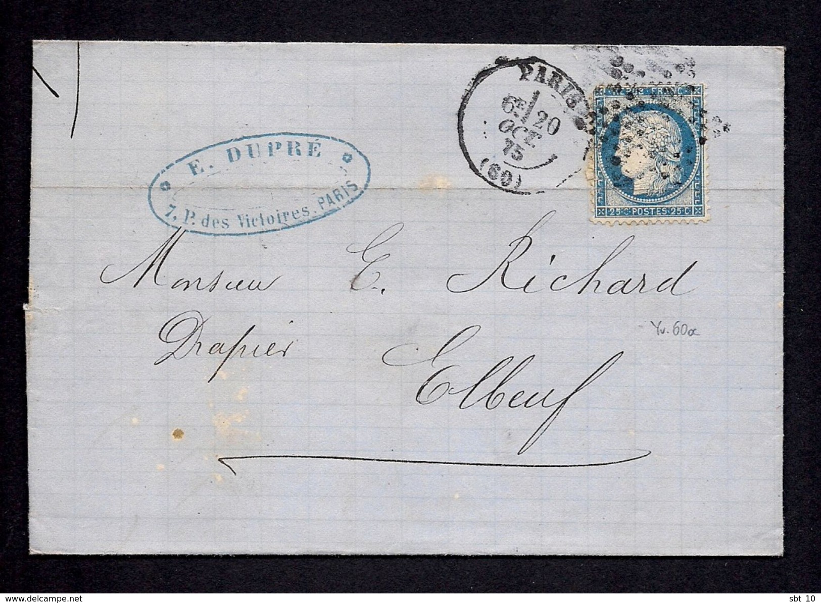 France Cover - Letre 1875 Paris To Elbeue - Ceres Sc58 - 1871-1875 Cérès