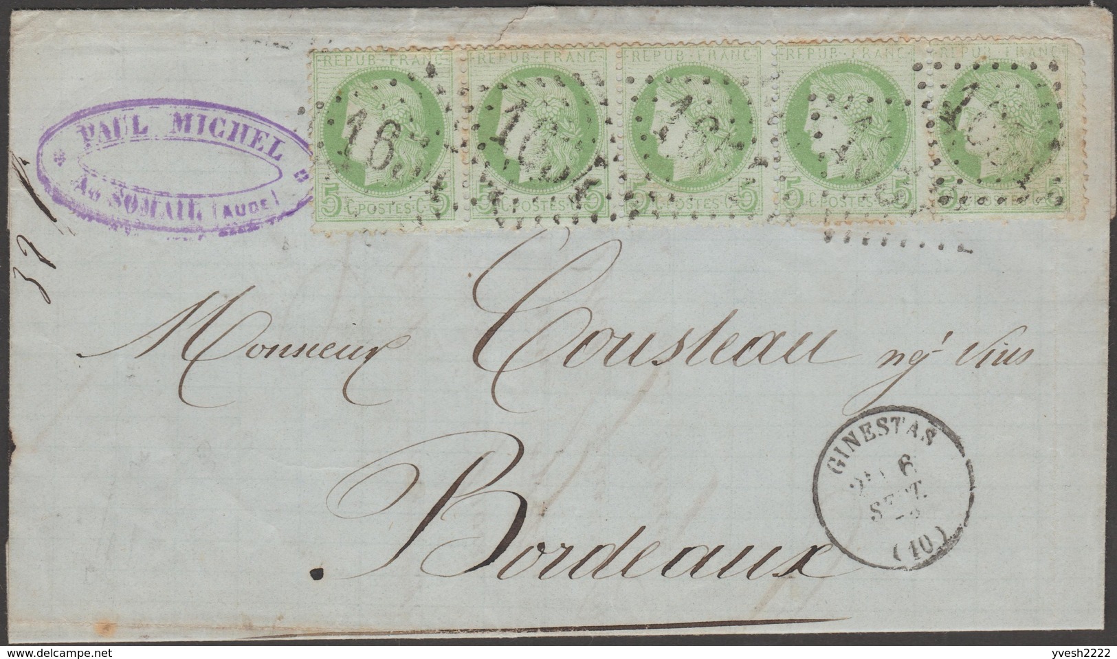 France 1872 Y&T 53. Bande De 5, 5 C Cérès. Lettre De Ginestas, Aude (1654) à Bordeaux. 4ème Timbre, Cadre Fin - 1871-1875 Ceres