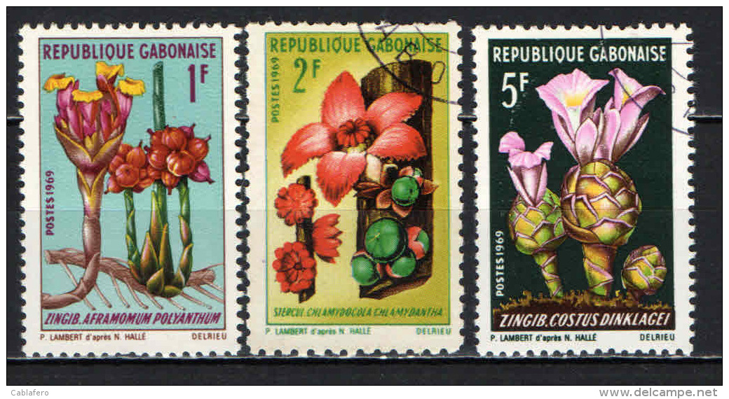 GABON - 1969 - FLOWERS  - FIORI - CHLAMYDOCOL CHLAMYDANTHA - COSTUS DINKLAGEI - USATI - Gabon (1960-...)