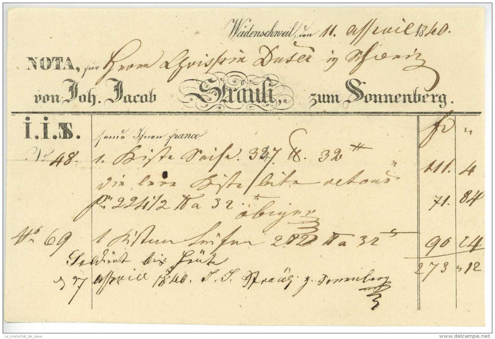 1840 WÄDENSWIL ZH Fuhrmannsbrief Nach Schwyz J.J. STRÄULI Zum SONNENBERG An Dusser Schweiz - Suisse