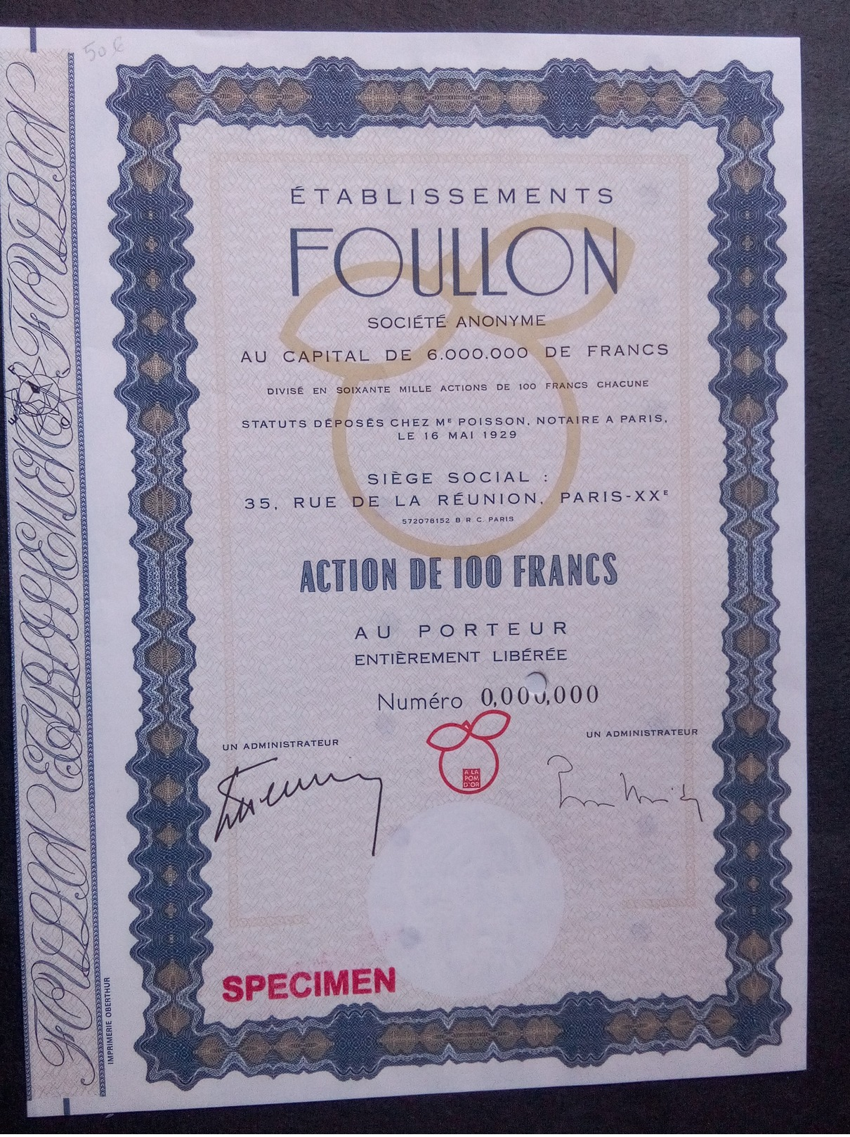 1 Ets FOULLON Paris Action SPECIMEN  - Rarity - Autres & Non Classés