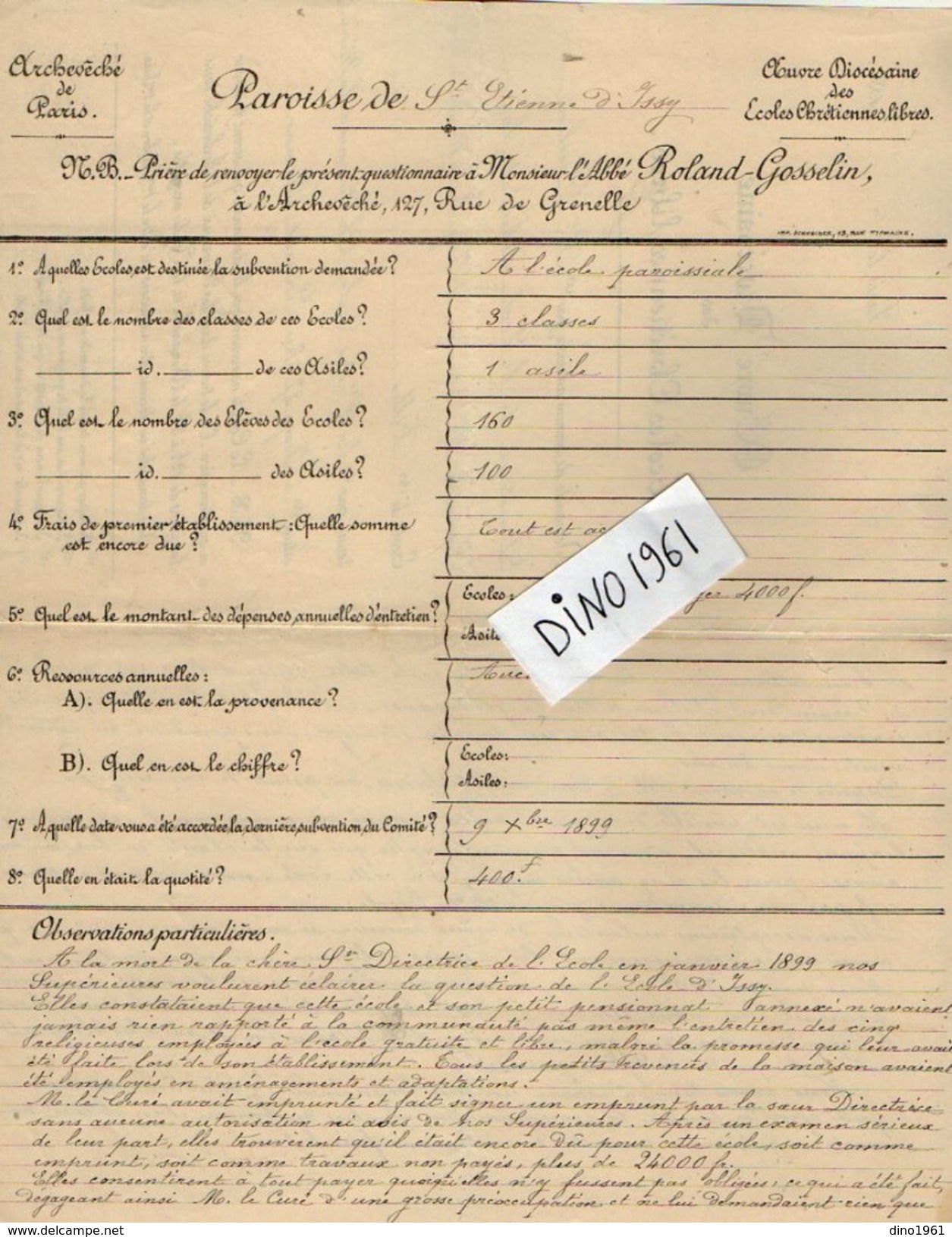 VP11.812 - PARIS 1899 - Lettre De L' Oeuvre Diocésaine Des Ecoles Chrétiennes Libres - Paroisse De St Etienne D' ISSY - Religion &  Esoterik