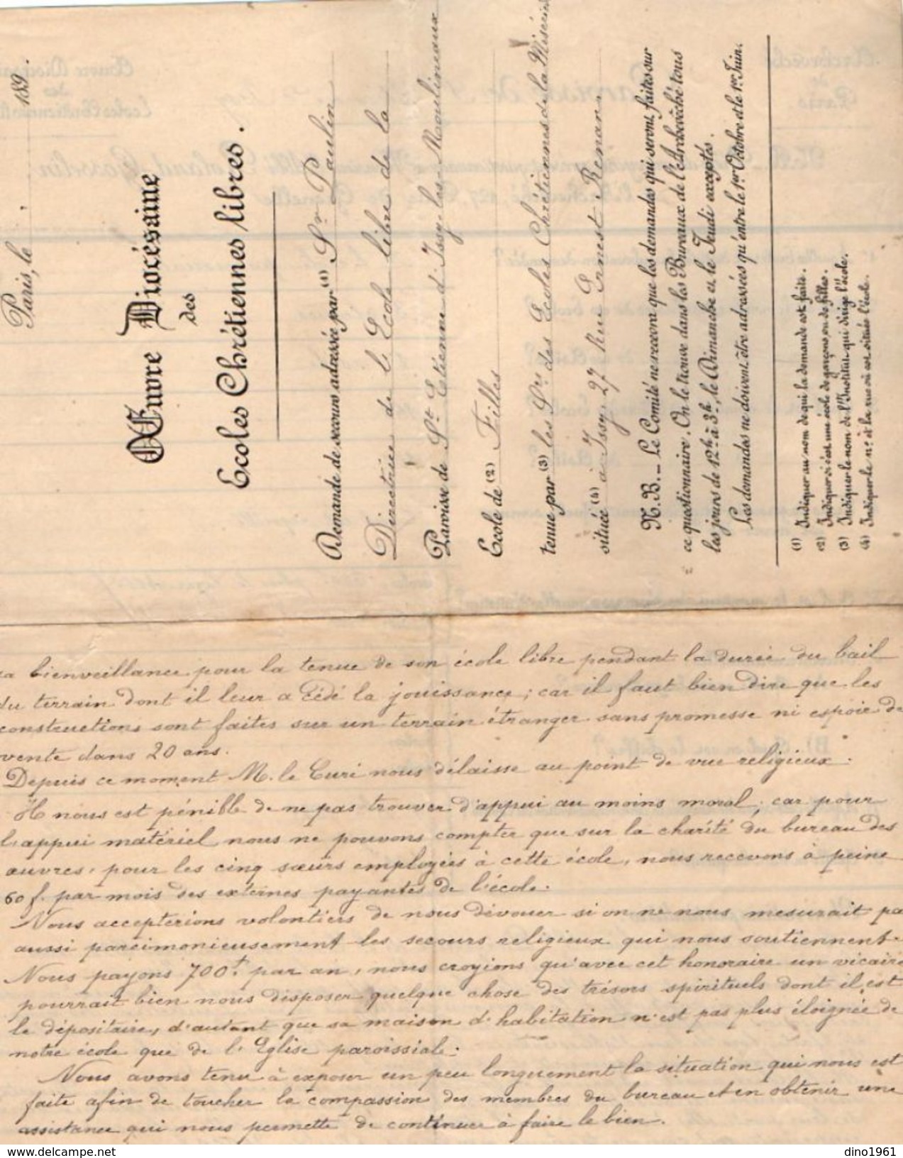 VP11.812 - PARIS 1899 - Lettre De L' Oeuvre Diocésaine Des Ecoles Chrétiennes Libres - Paroisse De St Etienne D' ISSY - Religion &  Esoterik