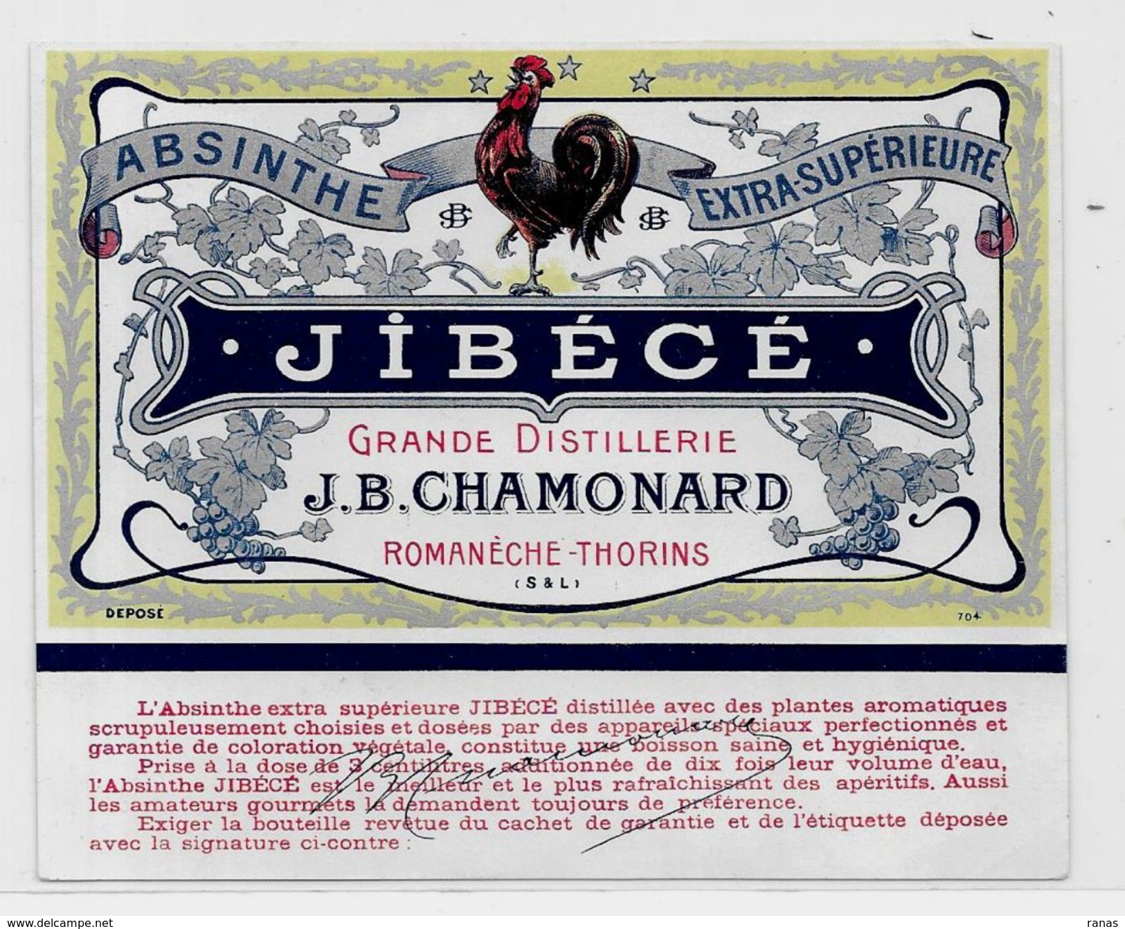 étiquette Absinthe Alcool Distillerie Jibécé Romanèche Thorins 12 X 10 - Publicités