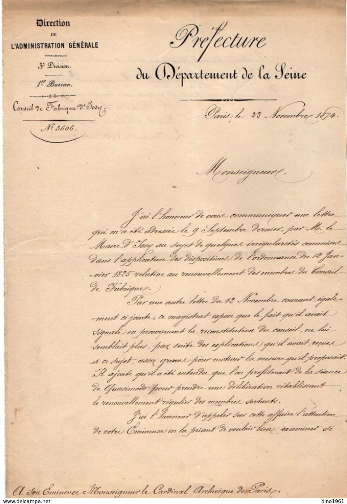 VP11.813 - 1874 - Lettre De La Préfecture Concernant Le Conseil De Fabrique D' ISSY + 1 Lettre De L'Archevêché De PARIS - Godsdienst & Esoterisme