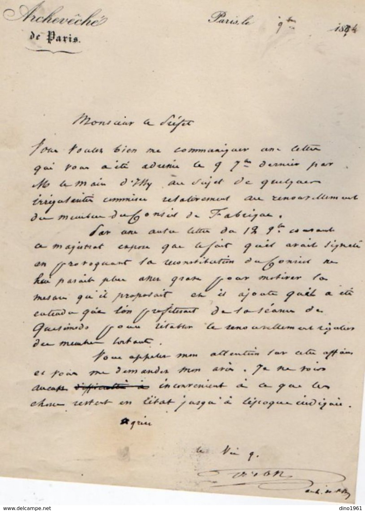 VP11.813 - 1874 - Lettre De La Préfecture Concernant Le Conseil De Fabrique D' ISSY + 1 Lettre De L'Archevêché De PARIS - Religión & Esoterismo