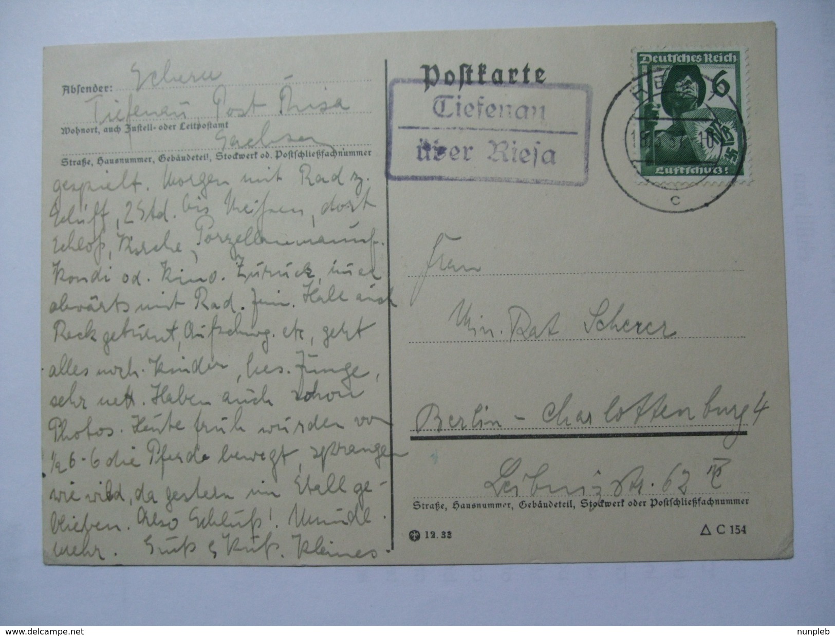 GERMANY - 1937 Postcard - Reisa Mark With Tiefenau Uber Riesa Mark - Covers & Documents