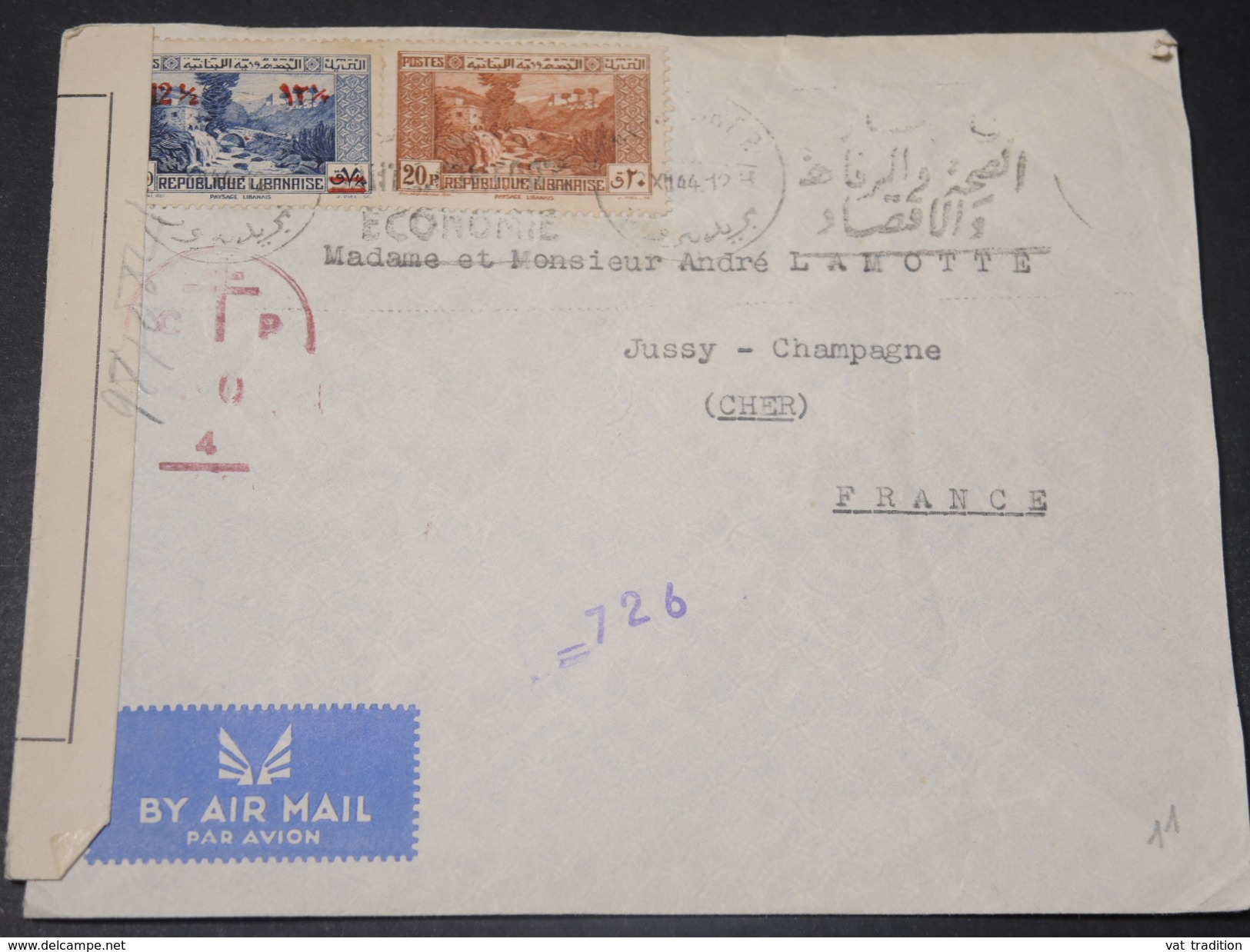 LIBAN - Enveloppe De Beyrouth Pour La France En 1944 , Contrôle Postal Militaire -  L 10560 - Briefe U. Dokumente