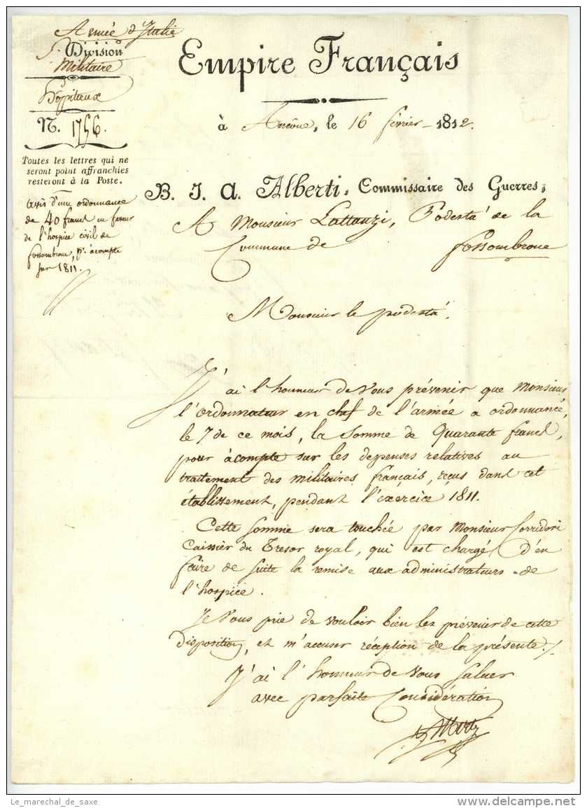 Armee D'Italie ANCONA 1812 Pour Fossombrone Franchise Commissaire Guerres Alberti Service Militaire - Bolli Militari (ante 1900)
