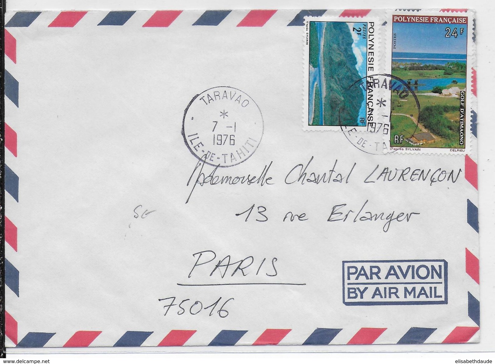 1976 - POLYNESIE - ENVELOPPE Par AVION De TARAVAO (TAHITI) => PARIS - Covers & Documents