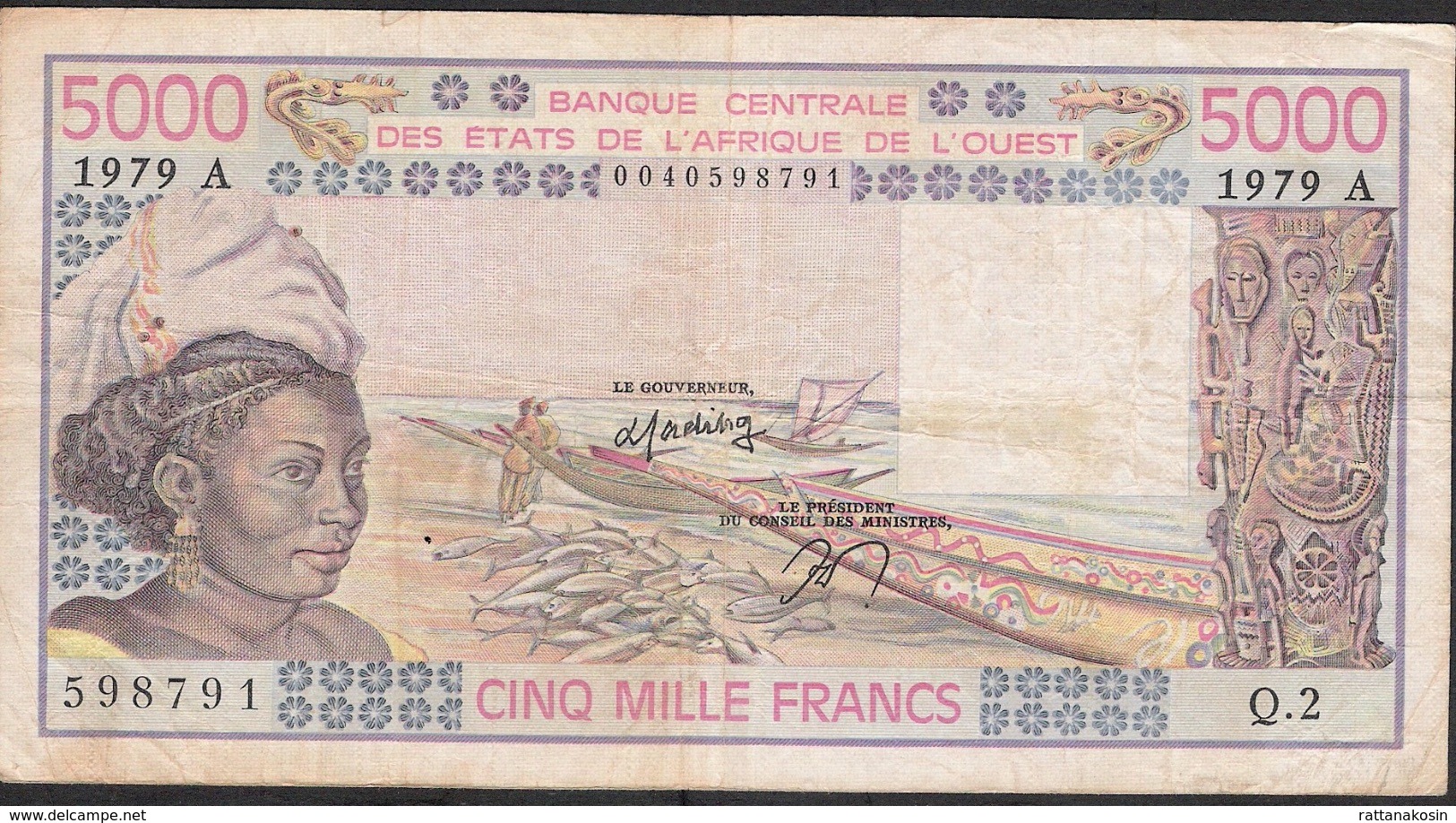 W.A.S. IVORY COAST P108Ac 5000 FRANCS 1979 VF NO P.h. ! - Costa De Marfil