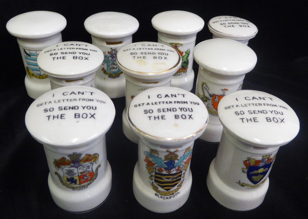 POST BOXES Selection Of Ten Crested China Post Boxes, Crests For Brighton, London, Bognor, Cardiff, Blackpool, Salford,  - Autres & Non Classés