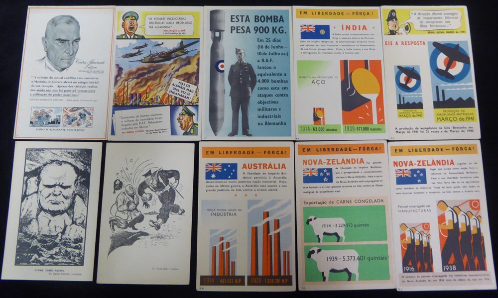 WWII PROPAGANDA CARDS Produced In Portugal, Colourful Assortment Featuring Churchill, RAF, German Issues, British Empire - Otros & Sin Clasificación