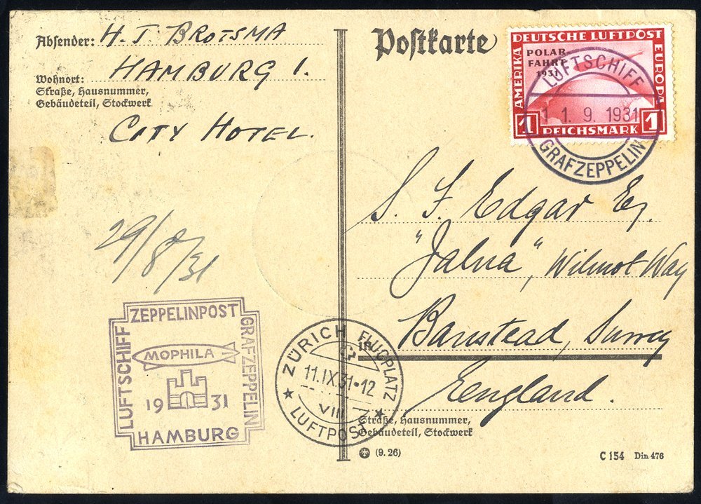 1931 'MORPHILA' Switzerland Flight Card To England, Franked 1rmPolar Flight Zeppelin, Tied Luftschiff Graf Zeppelin C.d. - Other & Unclassified