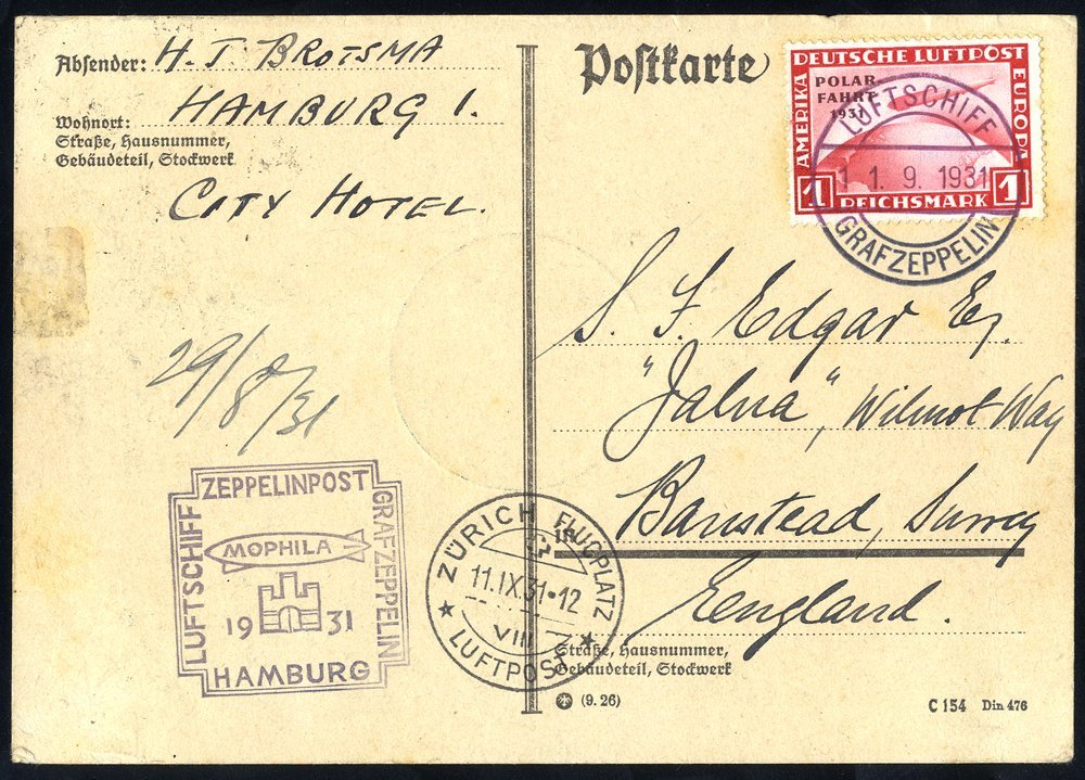 1931 'MORPHILA' Switzerland Flight Card To England, Franked 1rmPolar Flight Zeppelin, Tied Luftschiff Graf Zeppelin C.d. - Autres & Non Classés