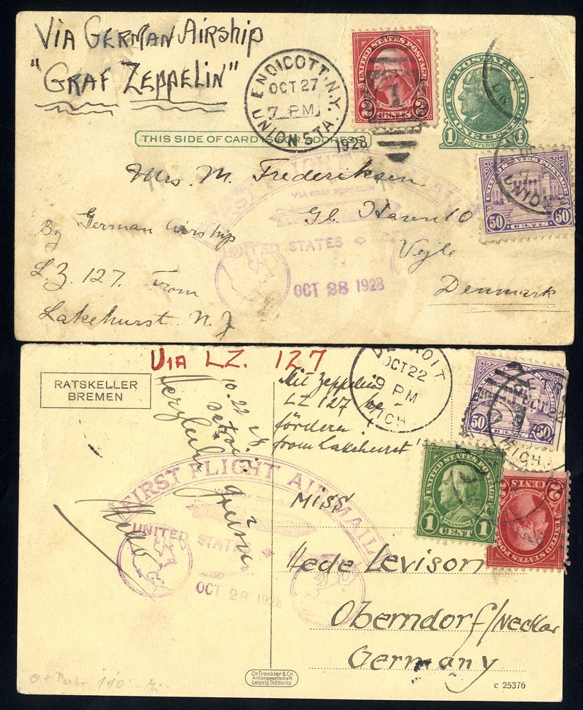 1928 First USA Flight - Return 1c Postal Stationery Card To Denmark Uprated 2c + 50c, Cancelled New York, Bears Violet F - Sonstige & Ohne Zuordnung