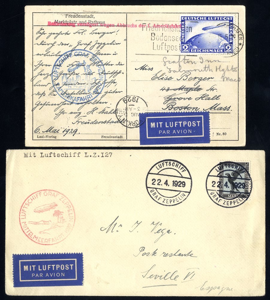 1929 Mediterranean Flight Envelope To Seville, Franked 2mk ‘Eagle’ Tied By ‘Luftschiff Graf Zeppelin’ C.d.s, Bears Red F - Sonstige & Ohne Zuordnung