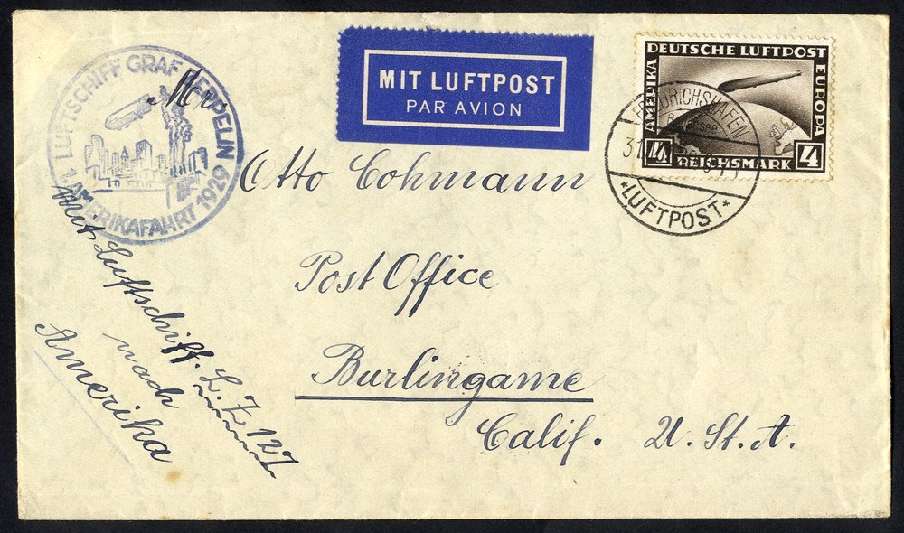 1929 North America Flight Covers (2) Each Franked 4m Zeppelin (SG.445), Both Tied Friedrichshafen C.d.s, Other Machine T - Sonstige & Ohne Zuordnung